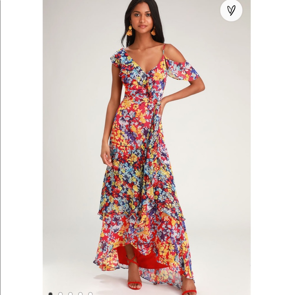 Lulu’s Radiant Ruby Red Floral Chiffon Maxi Dress
